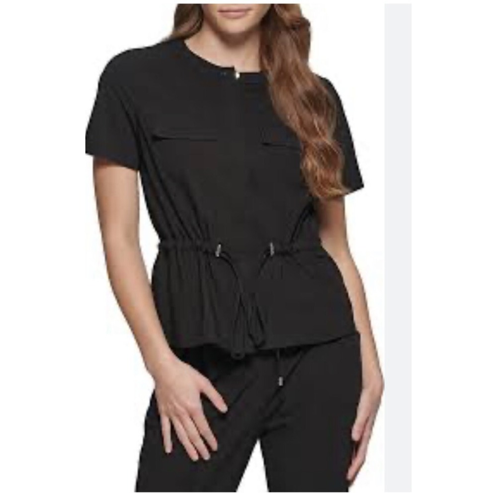 Calvin Klein Collared Button Front Cinch Waist Rib Top Black M New NWT